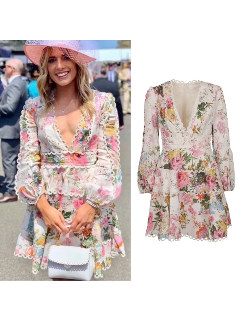 Floral Lace-Trim V-Neck Mini Dress - Cream Pink